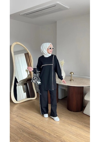 Mihran Butik Olivia Kadın Mevsimlik Penye Alt Üst Spor Ve Rahat Tesettür İkili Takım Siyah