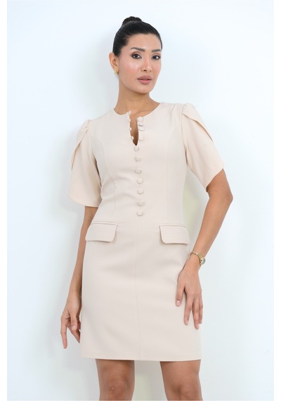 Dorne Moda Özel Seri Düğme Detaylı Mini Elbise - Düğün - Mezuniyet - Ofis Şıklığı Bej Bej