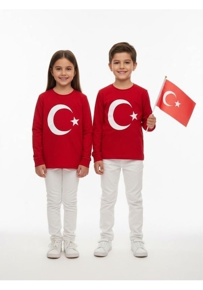 Zekids Çocuk Uzun Kollu Kırmızı Türk Bayraklı T-shirt-17210 KIrmızı