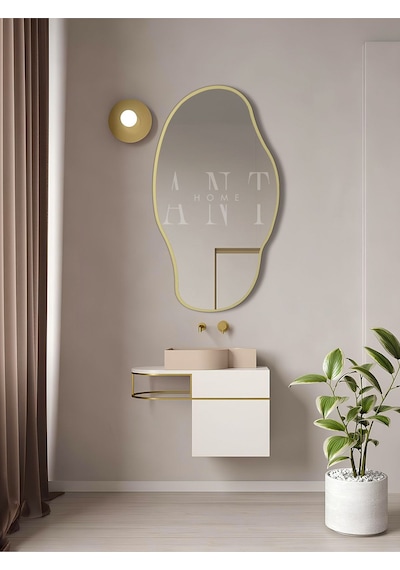 Asimetrik Ayna, Konsol Aynası, Dresuar Aynası, Tuvalet Aynası, Şişecam Ayna 90x50cm 90 X 50 Gold