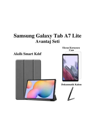 Samsung Galaxy Tab A7 Lite Sm-t220 Uyumlu Akıllı Tablet Kılıfı Ekran Koruyucu Dokunmatik Kalem Arka Kapak