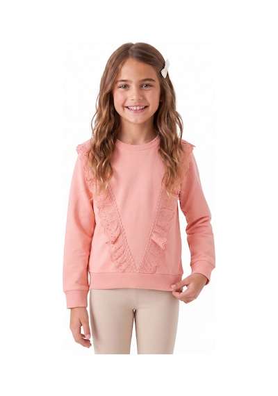 Onloox Kız Çocuk Somon Kız Çocuk Somon Pamuklu İki İplik Bisiklet Yaka Uzun Kollu Regular Güpürlü Sweatshirt 4 Yaş