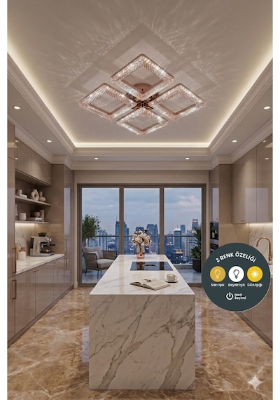 3 Renk Kristal Kare 4 Lü Gold Kumandalı Avize Salon, Yemek Masası, Mutfak, Antre Ve Çocuk Odası Aydınlatma