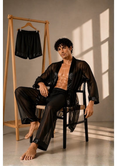 Qmen Style Erkek Şifon Kimono- Pijama - Şort Seti Siyah