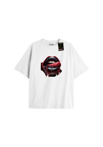 Flood Of Style Beyaz Oversize T-shirt Dudak Dil Diş Özel Tasarım