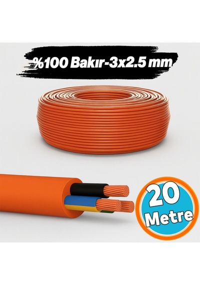 %100 Bakır Çok Telli 3x2.5 Mm 20 Metre Elektrik Kablosu Turuncu Elektrikli Araç Şarj Uygun Uyumlu