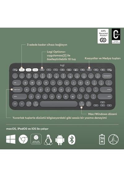 Logitech Pebble Keys 2 K380S 920-011859 Kablosuz Klavye