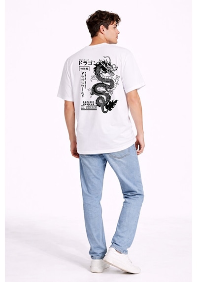 Nevermind Oversize Erkek Tişört Arkası Baskılı Dragon Japon Style Streetwea Beyaz