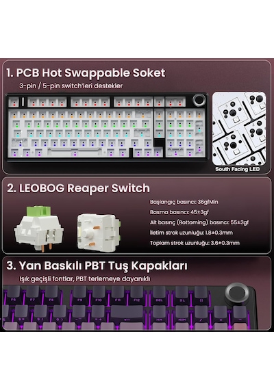 Aula F99 Pro 3 Modlu Rgb Hot Swap Mekanik Reaper Switch Kablosuz Makrolu Klavye Gradyan Pembe
