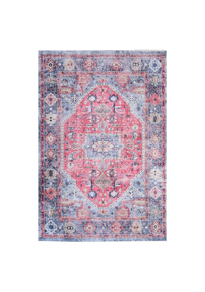Kırmızı Mavi Oryantal Kilim Vintage Desenli, Kaymaz Taban, Yıkanabilir, Antialerjik Mavi Mavi