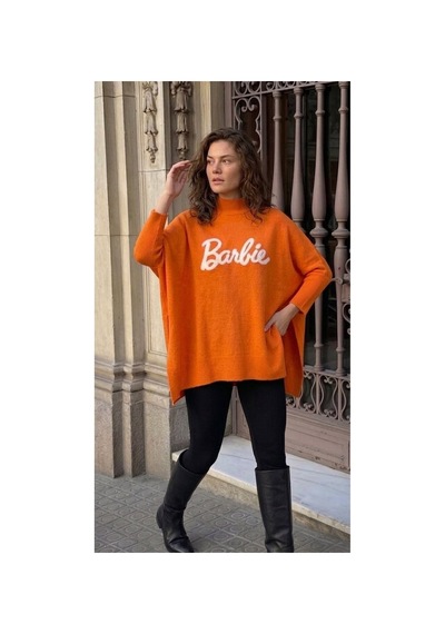 Onno Style Women Barbie Nakışlı Yırtmaçlı Triko Kadın Panço Turuncu