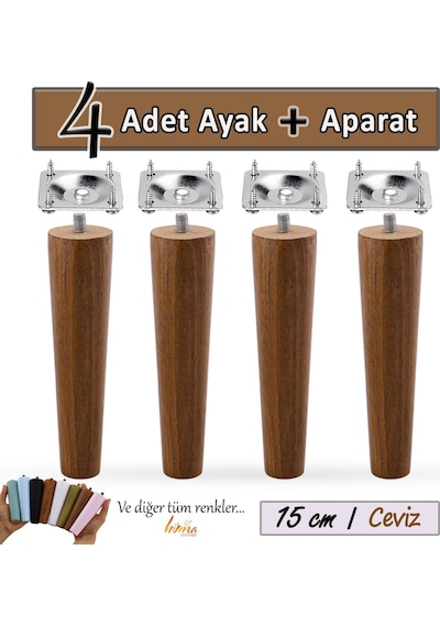 4 Adet Ahşap Ayak 15 Cm Ceviz M8 Civatalı Bağlantı Aparatlı Dolap Mobilya Koltuk Kanepe Destek Ayağı Ayakları Ceviz