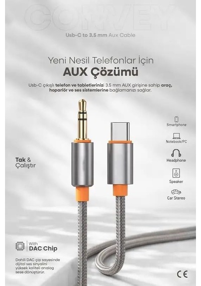 3.5mm Aux To Type-c,lighting İle Uyumlu Kablolar 1metre, 2 Metre Type-c 1 Metre
