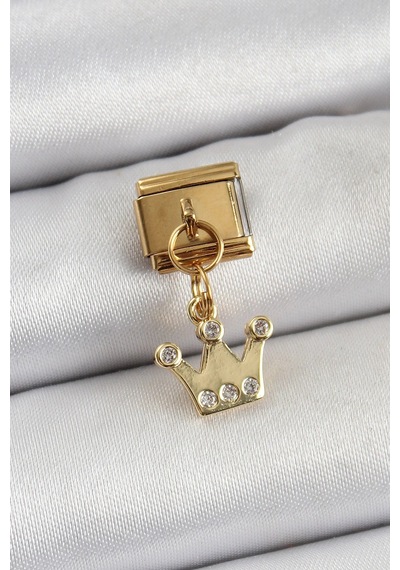 316l Çelik Sallantılı Zirkon Taşlı Kraliçe Tacı Model Gold Renk Nomination Charm Standart