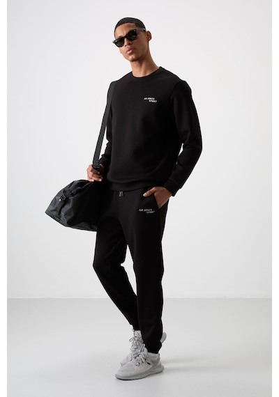 Tommy Life Ekru - Siyah Pamuklu Kalın Yumuşak Dokulu Comfort Fit Nakışlı Erkek Eşofman Takım - 85254 Siyah