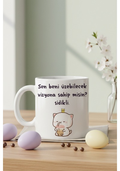 Komik Tasarım Kupa Bardak ''sen Beni Üzebilecek Vizyona Sahip Misin '' Yazılı Seramik Kahve Kupası Beyaz