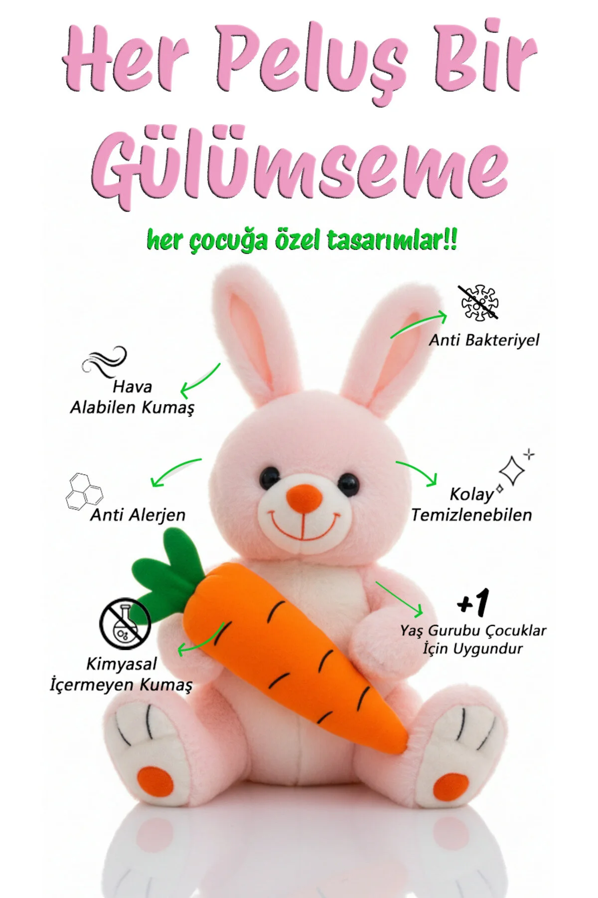 Havuçlu Tavşan Pembe 50 Cm Çocuklara Özel Sevimli Peluş Açık Pembe