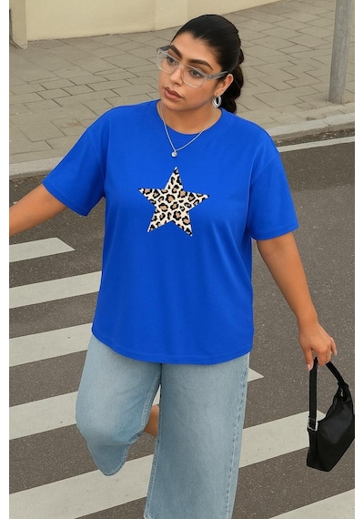 Büyük Beden Yıldız Leopar Baskılı Unisex Tişört Saks Mavisi