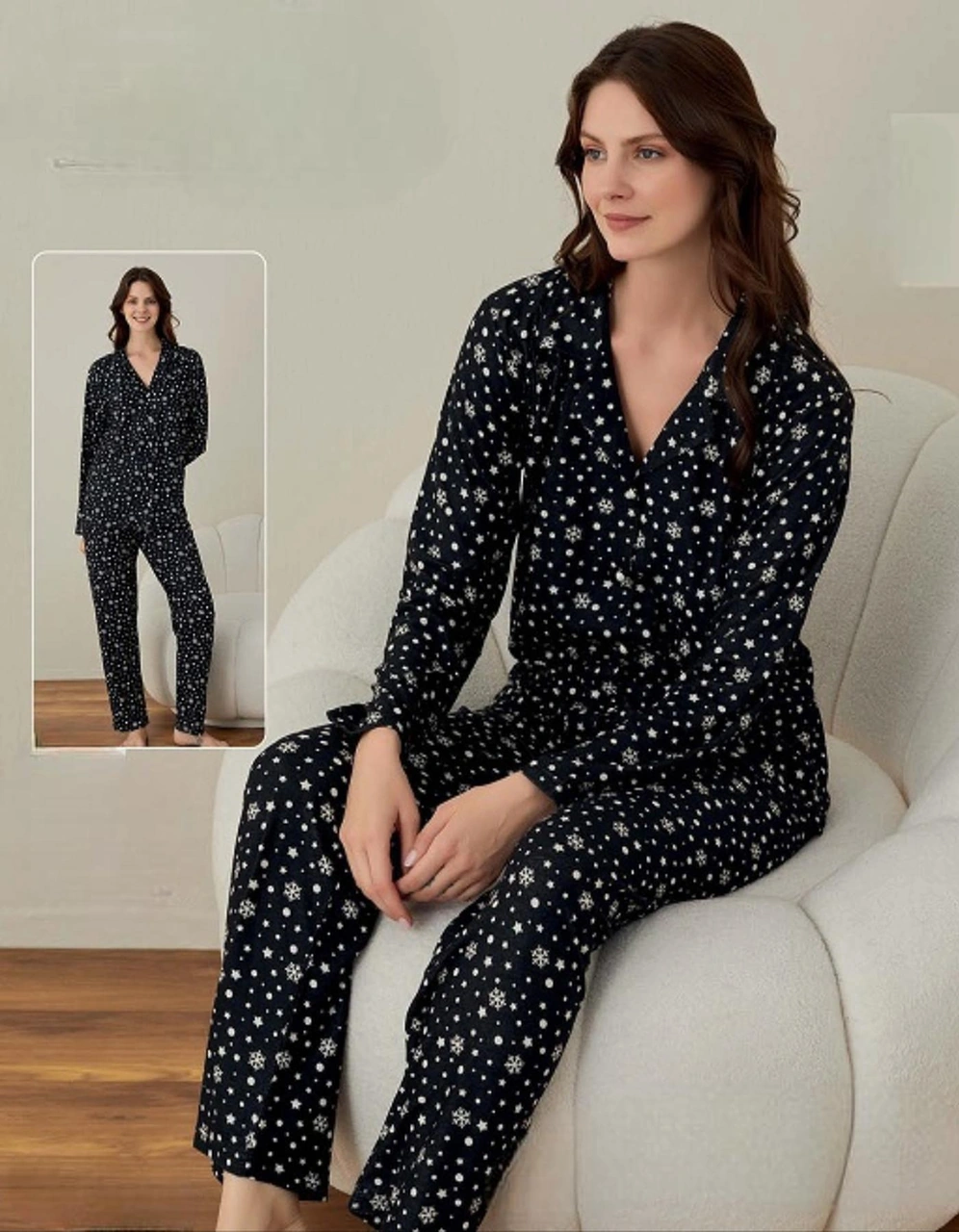 Boyraz Kadın İnce Süet Boydan Düğmeli Kışlık Pijama Takımı 02019- 1 Adet Siyah