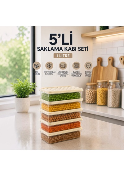 5'li Saklama Kabı Seti 1 Litre Bpa'sız Mikrodalga Ve Derin Dondurucu Uyumlu Gıda Saklama Kabı Krem