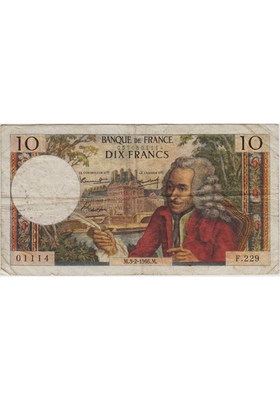 Fransa 10 Frank 1966 Voltaire Temalı. Birkaç İğne Delikleri Var Çok Temiz.