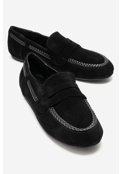 Luvi Shoes Francıs Siyah Süet Hakiki Deri Örgü Detaylı Kadın Loafer Ayakkabı
