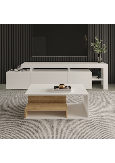 Vera Mini Orta Sehpa Modern Tasarım, Fonksiyonel Raflı Yap Beyaz/safir Meşe