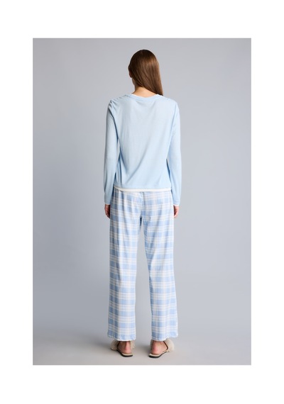 Defacto Slım Fıt Uzun Kollu Baskılı Üst Kareli Alt Ribana Pijama Takımı H8812ax26aube343 Mavi-be343