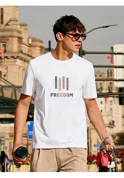 Unisex Oversize Freedom Baskılı Bisiklet Yaka Beyaz T-shirt Beyaz