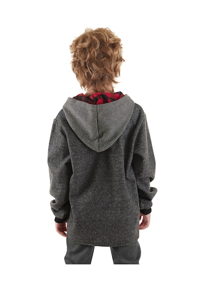 Erkek Çocuk Kışlık Dinozor ve Ekose Desenli Gri Kapüşonlu Uzun Kollu Sweatshirt 2-7 Yaş