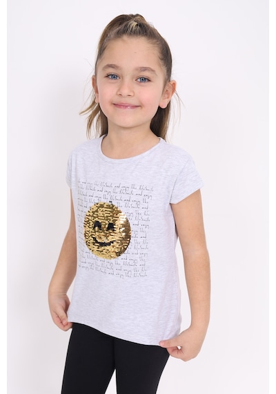 Toontoy Kids Toontoy Kız Çocuk Gülen Yüz Pullu Nakış Tişört Gri Melanj