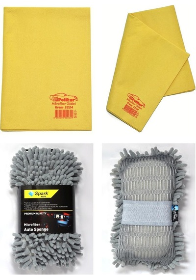 Polikur 3224 Mikrofiber Güderi Oto Kurulama Bezi Ve Spark 7040 Şönil Oto Yıkama Süngeri 2'li Set