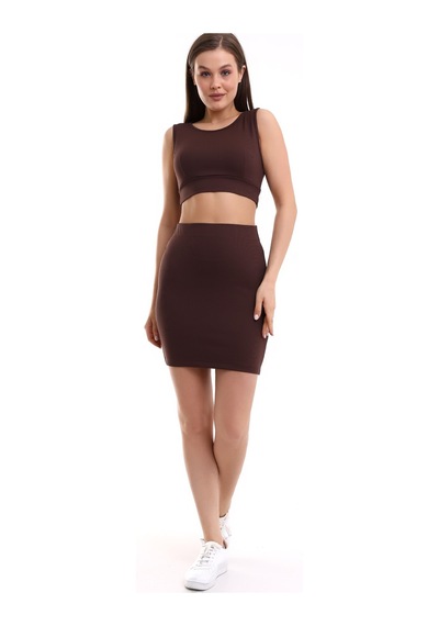 Winmoda34 Kadın Etek-crop 2li Takım Fitilli Kumaş Full Likralı Kahve