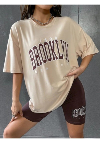 Flood Of Style Kadın Kahverengi Baskılı 1898 Brooklyn New York Bej Oversize Bisiklet Yaka T-shirt
