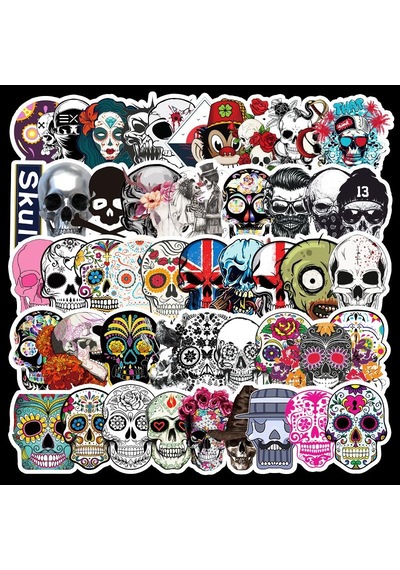 Cajuart 50 Adet Tekrarsız Kurukafa Tarz Pvc Retro Sticker