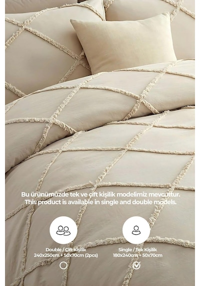 Evlen Home Pamuklu Aimar Yatak Örtüsü Takımı Tek Kişilik Günlük Boho 2 Parça Elyaf Dolgulu Bej Bej