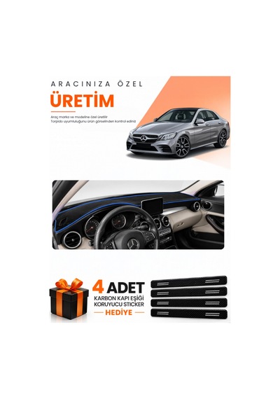 Mercedes W205 C-class 2018-2021 Uyumlu Torpido Koruma Örtüsü Oto Kılıfı - Siyah Mavi