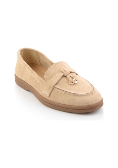 Bambi Bej Hakiki Deri Kadın Loafer Ayakkabı K01045035802 Bej