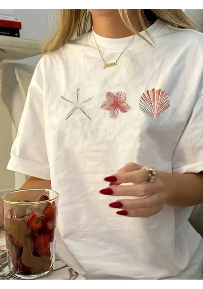 Uyguntarz Unisex İstiridye Kabuk Tasarım Basklı Tshirt Beyaz