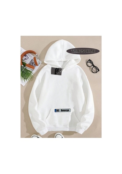 Tarzsokak Kapşonlu Sweatshirt Beyaz 05 Amasya Özel Tasarım Plaka Detaylı