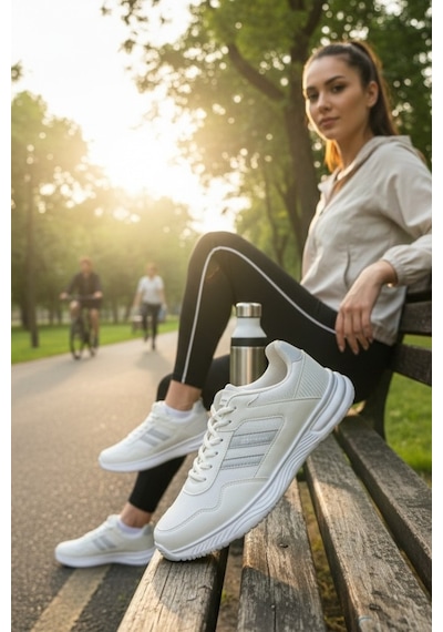Enoch Erkek Spor Ayakkabı Tam Beyaz Sneaker Gümüş Şeritli Hafif Yürüyüş Ve Koşu Modeli Beyaz