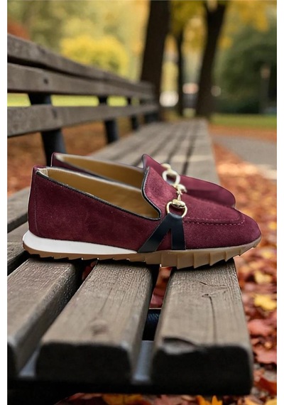 Bordo Hakiki Deri Süet Toka Detay Comfort Taban Spor Loafer Bordo
