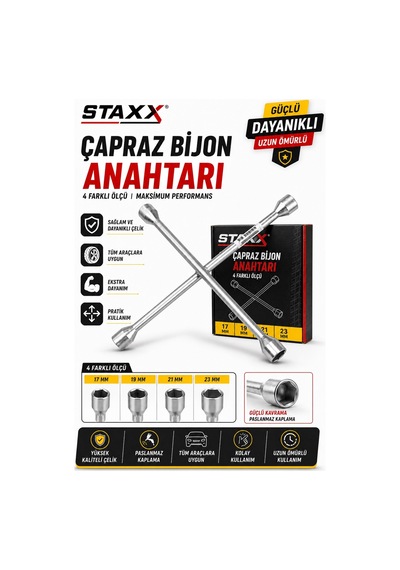 Staxx Bjn1721 Çapraz Bijon Anahtarı 17-19-21-23 Mm Ağır Hizmet Çelik Bijon Sökme Anahtarı