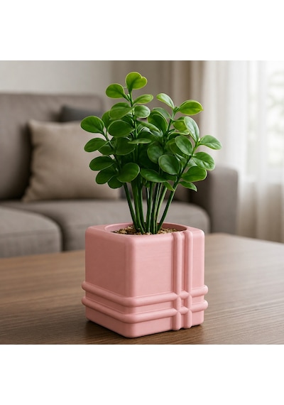 3d Baskı Square Planter - Izgara Desenli Küp Saksı-pembe
