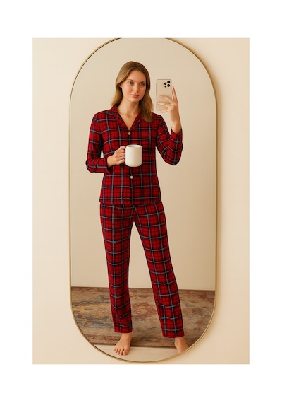 Rindahomewear Kadın Ekose Desenli Süet Örme Uzun Kol Kadın Düğmeli Pijama Takımı Kırmızı