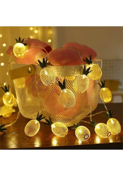 Metal Ananas Figürlü 10lu Led Işık Zinciri, Dekoratif Ev, Parti, Yılbaşı Ve Oda Süsleme Aydınlatma Sarı