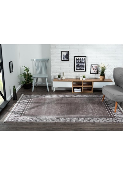 Trend 2809 Gri Halı Krem Kenar Çerçeveli Modern Ince Yumuşak Akrilik Tozuaz Salon Halısı Koridor-942 Gri