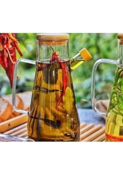 900 Ml Bambu Kapaklı Cam Yağdanlık Sirkelik Süt Saklama Su Sürahisi 0