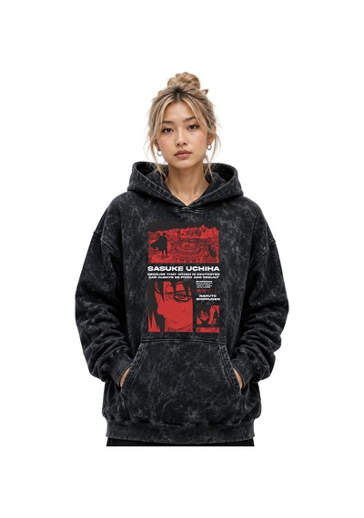 Sevbano Sasuke Uchiha Naruto Anime Baskılı Unisex Oversize Yıkamalı Premi Siyah