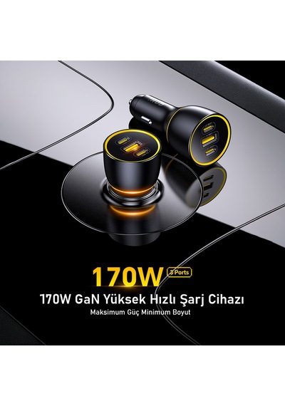 Aohi Araç İçi 3 Portlu 170w Şarj Cihazı, 140w Led Ekranlı Naylon Örgülü Süper Hızlı Şarj Kablosu